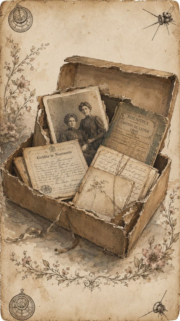 Caixa de papelão com fotografias, certidão de nascimento, carteira de leitor de 1900 e cartas atadas
