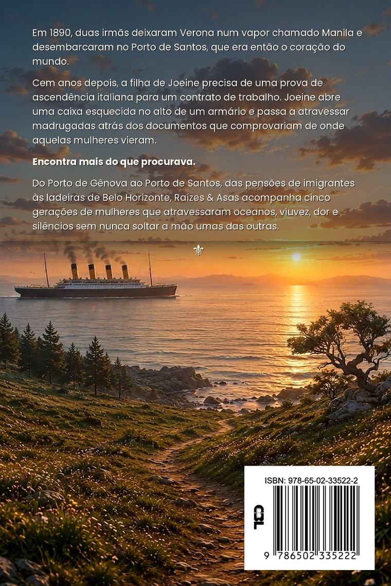 Quarta capa de Raízes & Asas, com o texto de orelha e o ISBN