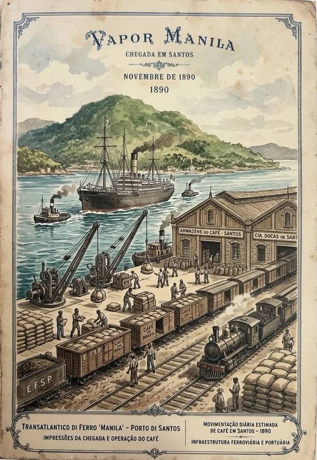 O vapor Manila chegando ao Porto de Santos em novembro de 1890
